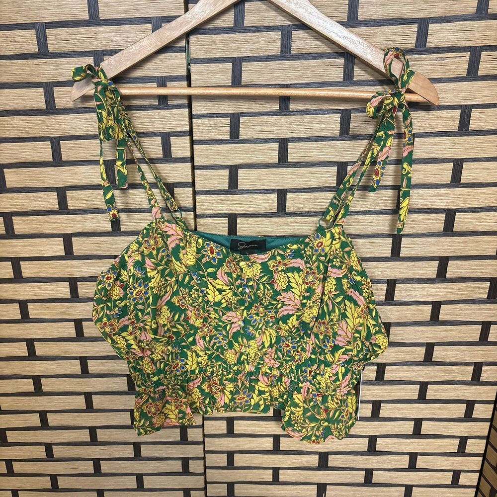 Japna Green Floral Crop Tank Top Size Large